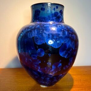 Signed Pottery Cobalt Blue Crystalline Vase Extra Large Porcelain 10” Tall